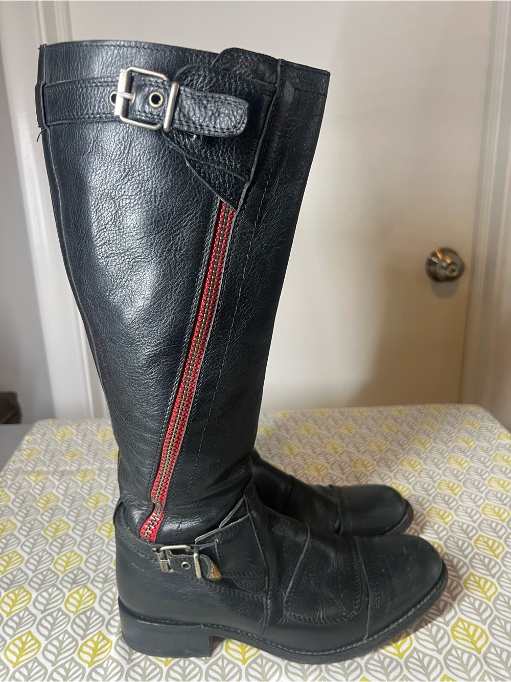 Sendra Black Leather Riding Boots with Zipper Detail & Red Accent Trim Sz. 7 1/2